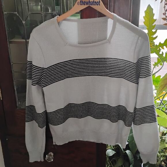 90s Vintage Knit Sweater Striped Gray and Black Size M Square Neck Union Made - Picture 5 of 16